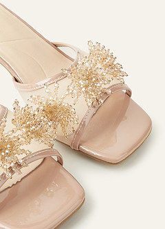 front Blush Patent & Mesh Crystal Bead Block Heel Mules