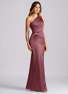 Azazie Akilah Robes de demoiselle d'honneur Robe Sirène en Satin extensible Asymétrique Rose Du Désert image3
