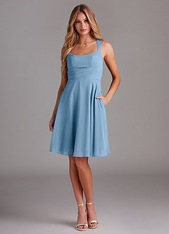 Azazie Vina Bridesmaid Dresses Steel Blue A-Line Lace Chiffon Dress image1