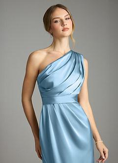 Azazie Emorie Final Sale Steel Blue Sheath One Shoulder Stretch Satin Dress image2