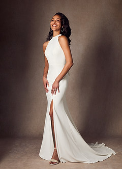 Azazie Aerith Wedding Dresses Diamond White Sheath Bow Stretch Crepe Dress image4