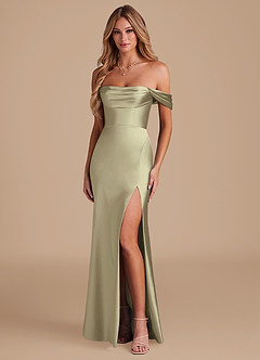 Azazie Saige Bridesmaid Dresses Moss Green A-Line Off the Shoulder Metallic Satin Convertible Dress image1