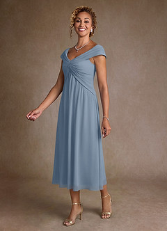 Azazie Mirta Mother of the Bride Dresses Dusty Blue A-Line Pleated Floral Burnout Dress image4