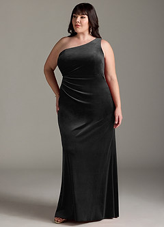 Azazie Argan Bridesmaid Dresses Black A-Line One Shoulder Pleated Velvet Dress image11