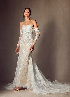 Azazie Caitlin Wedding Dresses Diamond White Nude Mermaid Strapless Lace Dress image6