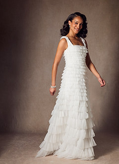 Azazie Zariah Wedding Dresses Diamond White A-Line Ruched Tulle Dress image3