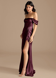 Azazie Lynden Jurken voor bruidsmeisjes Converteerbaar Jurk van Metaalachtig Satijn met Kolom Off the Shoulder Cabernet image8