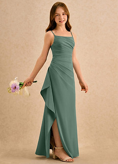 Azazie Cannoli Girls Formal Robe Demoiselle D'honneur Fillette Robe Trapèze en Mousseline de soie Plissé Eucalyptus image1