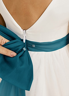Azazie Kavi Flower Girl Dresses Ivory Ink Blue A-Line Bow Matte Satin Dress image6