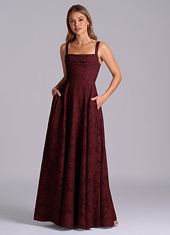 Azazie Shaude Bridesmaid Dresses Cabernet A-Line Pleated Floral Burnout Dress image1