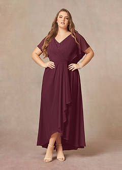 Azazie Eliza Mère de la mariée Robes Robe Trapèze en Mousseline de soie Col V plissé Cabernet image6