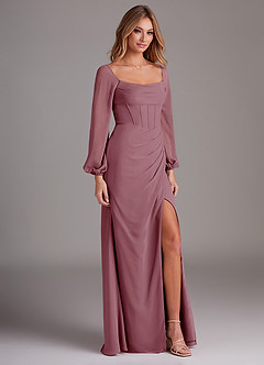 Azazie Charissa Bridesmaid Dresses Vintage Mauve Sheath Long Sleeve Chiffon Dress image5