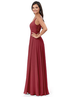 Azazie Lennon Bridesmaid Dresses Pomegranate A-Line Lace Chiffon Dress image3