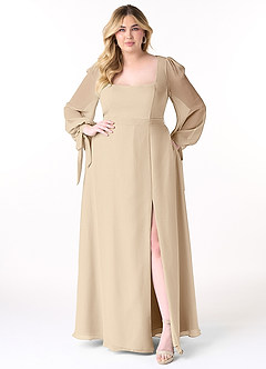 Azazie Leonia Brautjungfernkleider A-Linie Langarm Chiffon Kleid Champagner image11