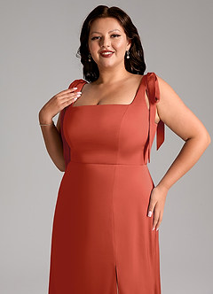 Azazie Frostine Bridesmaid Dresses Rust A-Line Bow Stretch Satin Dress image12