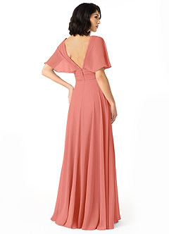 Azazie Pamela Bridesmaid Dresses Salmon Pink A-Line V-Neck Pleated Chiffon Dress image2