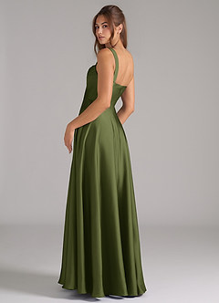 Azazie Shaude Bridesmaid Dresses Olive A-Line Pleated Stretch Satin Dress image7
