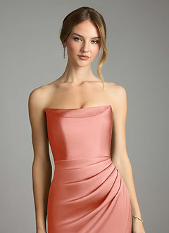 Azazie Leonis Bridesmaid Dresses Coral Mermaid Pleated Stretch Satin Convertible Dress image4