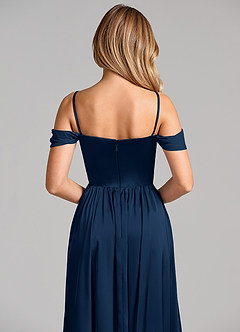 Azazie Raisa Bridesmaid Dresses Dark Navy A-Line Off the Shoulder Stretch Satin Dress image2
