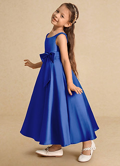 Azazie Lindy vestidos de niña de las flores Vestido de Azul Real de Satin Mate de Corte En A con Plisado image8