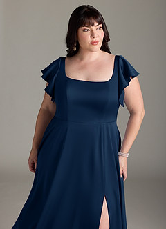 Azazie Bondi Bridesmaid Dresses Dark Navy A-Line Bow Stretch Satin Dress image11