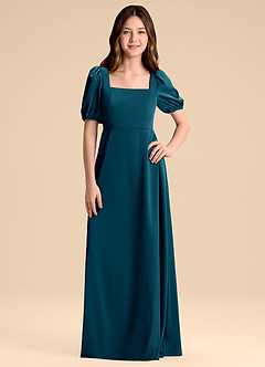 Azazie Briar Junior Ink Blue A-Line Bow Stretch Satin Dress image3