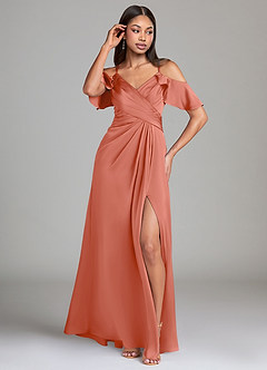 Azazie Dakota Bridesmaid Dresses Salmon Pink A-Line Off the Shoulder Stretch Satin Dress image4