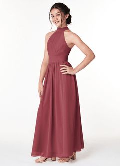 Azazie Iman Junior Merlot A-Line Pleated Chiffon Dress image3