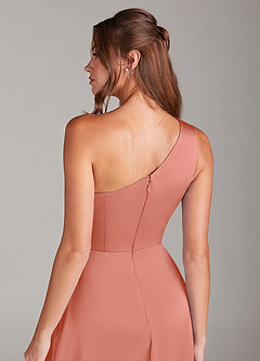 Azazie Brooke Bridesmaid Dresses Salmon Pink A-Line One Shoulder Stretch Satin Dress image2