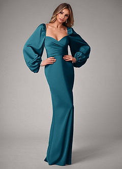 Azazie Sonata Bridesmaid Dresses Ink Blue Sheath Long Sleeve Stretch Satin Convertible Dress image5