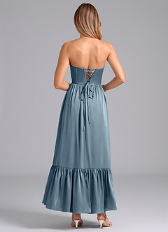 Azazie Leilana Robes de demoiselle d'honneur Robe Trapèze en Satin extensible Corset Bleu Poussiéreux image2