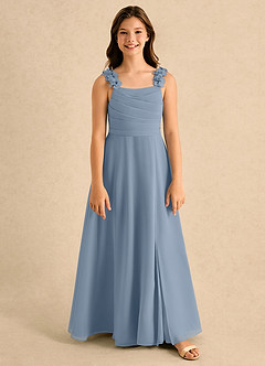 Azazie Masie Girls Formal Jurken voor bloemenmeisjes A-Lijn Jurk van Chiffon Geplooide Stoffig Blauw image5
