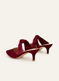 front Matching Color Stretch Satin Bow Pointed Toe Kitten Heel Mules
