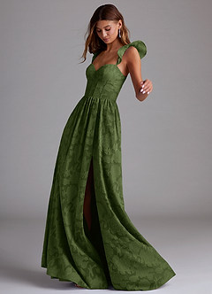 Azazie Denisse Bridesmaid Dresses Olive A-Line Ruched Floral Burnout Dress image2