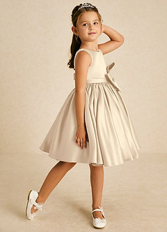 Azazie Apple Flower Girl Dresses Champagne A-Line Bow Matte Satin Dress image3