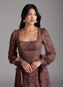 Azazie Leonia Bridesmaid Dresses Espresso A-Line Long Sleeve Floral Burnout Dress image6