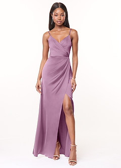 Azazie Maci Vestidos de damas de honor Vestido de Glicinia de Satén Elástico de Corte en A con Cuello en V plisado image1