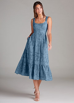 Azazie Alissa Bridesmaid Dresses Steel Blue A-Line with Pockets Floral Burnout Dress image1
