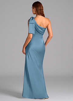 Azazie Yuanna Vestidos de damas de honor Vestido de Azul Acero de Satén Elástico de Corte Sirena con Hombro unilateral image2