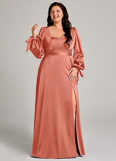 Azazie Leonia Jurken voor bruidsmeisjes Jurk van Stretch Satijn met A-Lijn Lange mouw Zalm Roze image10