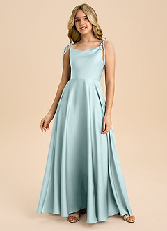 Azazie Popsy Junior Sea Glass A-Line Bow Stretch Satin Dress image2
