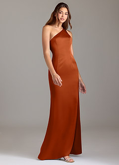 Azazie Arleth Vestidos de damas de honor Vestido de Naranja Quemada de Satén Elástico de Corte en A con Hombro unilateral image4
