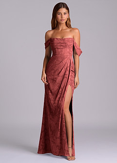 Azazie Johana Robes de demoiselle d'honneur Robe Sirène Convertible en Blumen-Burnout Épaules dénudées Terracotta image3