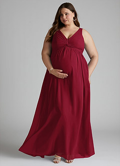 Azazie Yetta Maternity Bridesmaid Dresses A-Line V-Neck Gathered Chiffon Floor-Length Dress image7