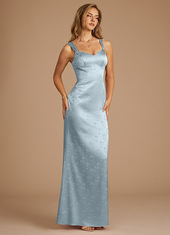 Azazie Denice Bridesmaid Dresses Blue Floral Jacquard Sheath Pleated Floral Jacquard Dress image3