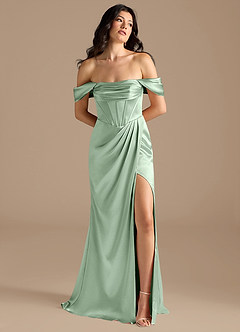 Azazie Lynden At-home Try On Dresses Auburn Sheath Off the Shoulder Metallic Satin Convertible Dress image1