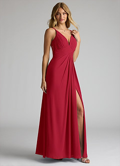 Azazie Maren Allure Bridesmaid Dresses Scarlet A-Line V-Neck Lace Chiffon Dress image4