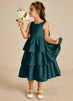Azazie Margery Blumenmädchenkleider A-Linie Schleifen Stretch-Satin Kleid Kiefer image4