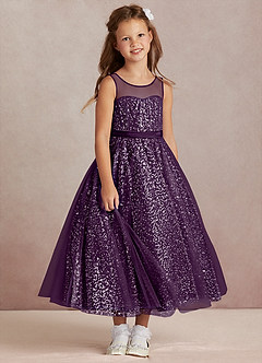 Azazie Siwa Flower Girl Dresses Grape A-Line Beaded Tulle Dress image2