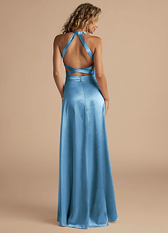 Azazie Clarice Final Sale Steel Blue A-Line High Neck Metallic Satin Dress image2